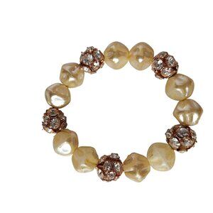 Blush Rose Gold Rhinestone Stretch Bracelet Irregular Champagne Faux Pearl Y2K